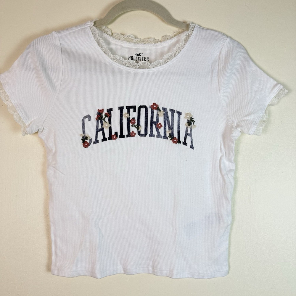 Hollister Women Cropped Baby‎ Tee Top White Ribbed Knit Lace Large Stretch Soft